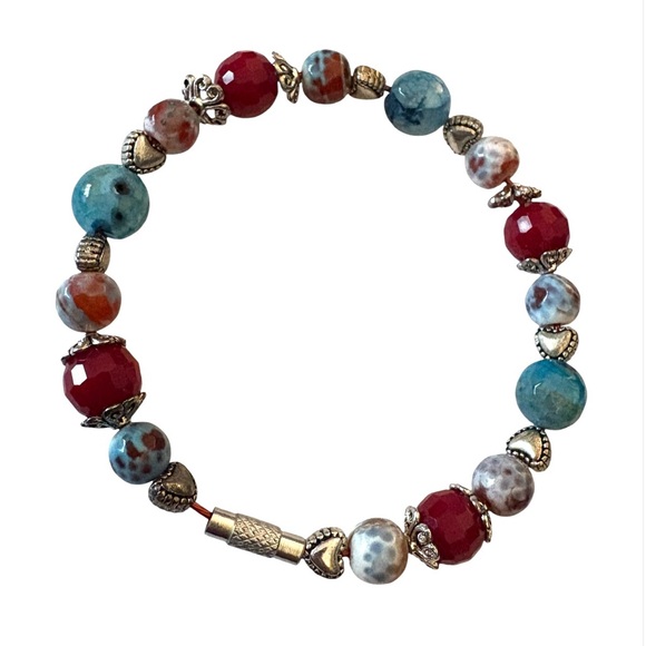 Peachy Keen Things Jewelry - Faceted Stone Bead and Tibetan Silver Twist Lock Bracelet Artisan Made